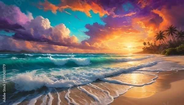 Obraz A beautiful painting of a beach with a sunset in the background, Generative AI