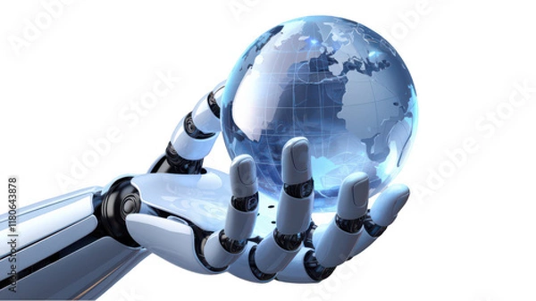 Fototapeta 3D model of realistic glossy robot hand holding transparent globe, symbolizing technology and global connection. hand is detailed and futuristic, showcasing advanced robotics