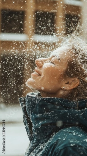 Obraz Joyful Woman in Winter Snow  Happy Snowfall  Cold Weather Fun