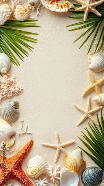 Fototapeta copy space of beach sand with starfish and clams