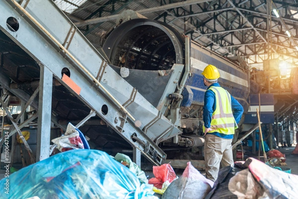 Fototapeta An Engineer in protective checking automated systems, recycling industry, waste separation plant.