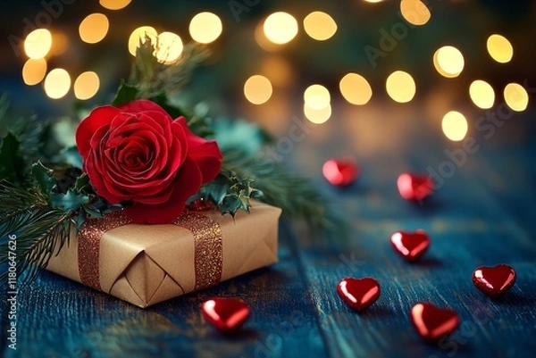 Fototapeta A beautifully wrapped gift box sits on a wooden surface, topped with a vibrant red rose. Surrounding the box are scattered heart-shaped decorations, creating a romantic atmosphere
