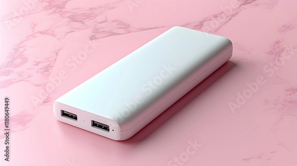 Obraz White power bank on pink marble, charging device mockup, technology background.