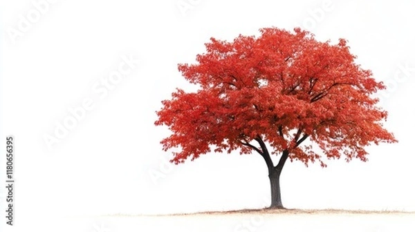 Fototapeta A solitary tree with vibrant red leaves against a minimalistic white background.