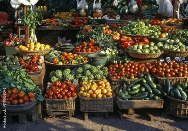 Fototapeta Fresh Produce Display in Vibrant Market with Colorful Fruits and Vegetables in Baskets Surrounded by Lush Greenery and Sunny Atmosphere