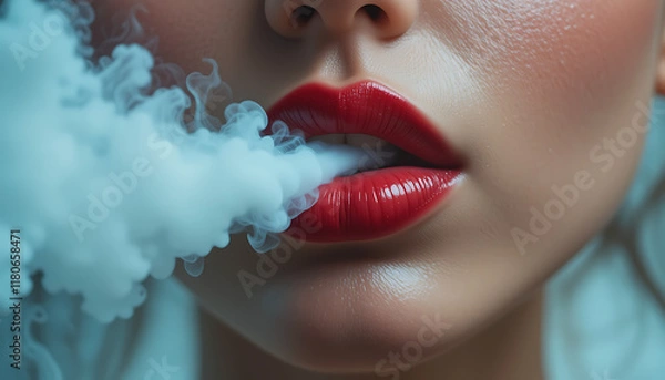 Fototapeta Woman's lips blowing smoke clouds - Generative AI image made to look like photorealistic macro photograph of lusciously red lips exhaling smoke/vape