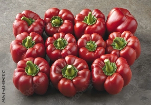 Fototapeta Fresh Red Bell Peppers Displayed Neatly on a Gray Background, Showcasing Their Vibrant Color and Unique Shape for Culinary and Nutritional Purposes