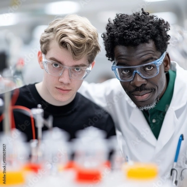 Obraz A young and an older scientist pose together in a lab, both wearing safety goggles, surrounded by laboratory equipment.