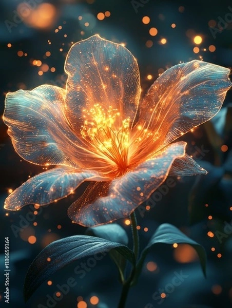 Fototapeta Beautiful glowing flower with sparkling particles and soft light on dark background