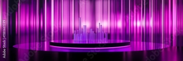 Fototapeta Abstract purple stage with glowing vertical lines and city skyline.