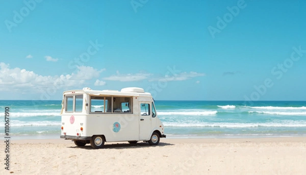 Fototapeta Ice cream truck on sandy beach with ocean view and blue sky for summer indulgence experience