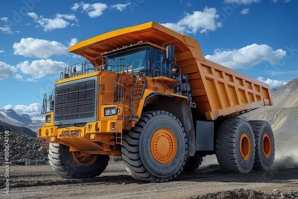 Fototapeta Large orange mining dump truck on dirt road.
