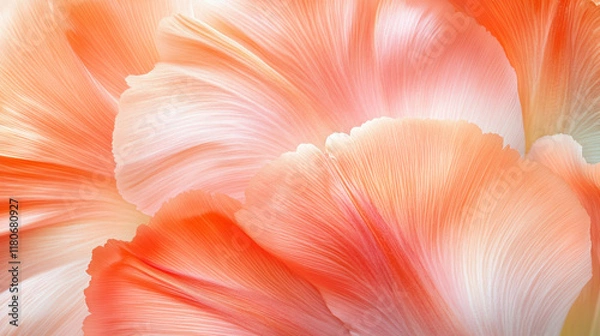 Obraz A vibrant close-up of silky coral-colored tulip petals, with feather-like veins blending into a soft gradient of peach and cream hues. Gentle sunlight streams in from the top left, casting warm highli