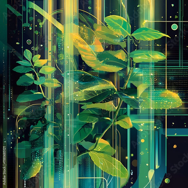 Obraz Vibrant Green Digital Leaves, Digital Nature Art"
"Tech Meets Nature"
"Green Digital Design"
"Nature in Technology"
"Future of Green Tech"
"Eco-Inspired Digital Art"