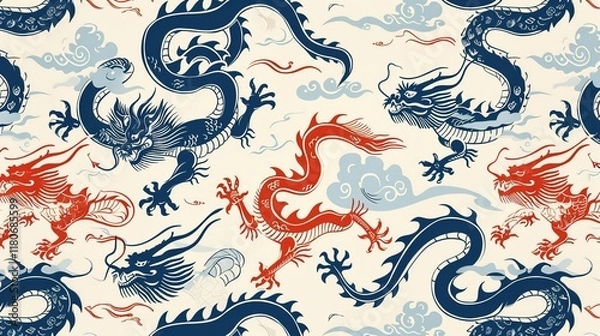 Obraz chinese dragon seamless pattern wallpaper