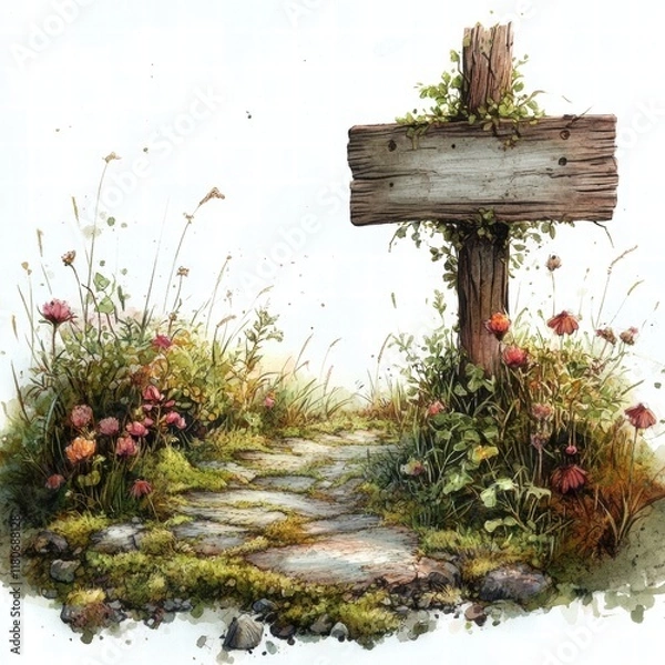 Fototapeta Serene Garden Path with Wooden Signpost