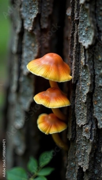 Fototapeta Fungi growing through the cracks in tree trunk, mushrooms, nature, crack fungus