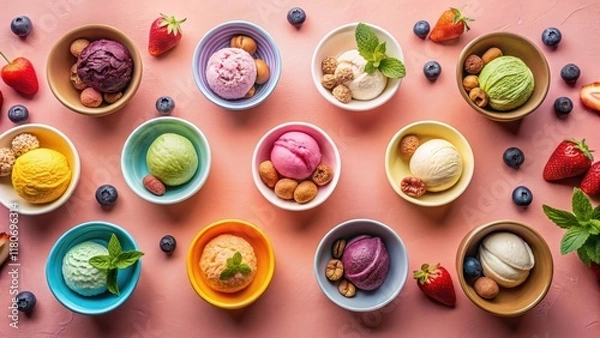 Fototapeta A colorful arrangement of assorted ice cream scoops in small bowls, garnished with berries, nuts, and mint leaves on a pink background.