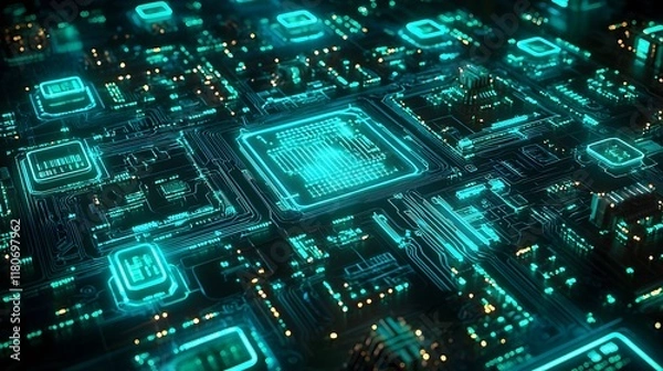 Obraz Captivating abstract image showcasing a intricate network of glowing geometric circuits in vibrant shades of blue and green creating a futuristic technological and innovative digital landscape