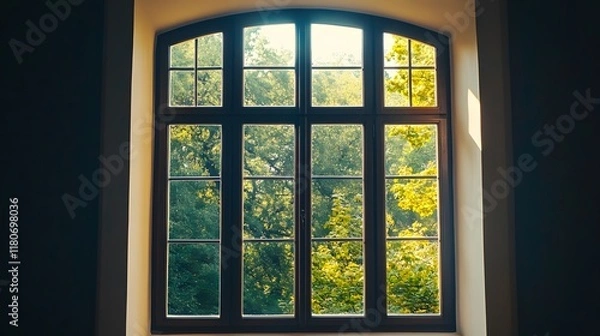 Fototapeta A classic glass window with a dark wooden frame, subtly lit by natural light.