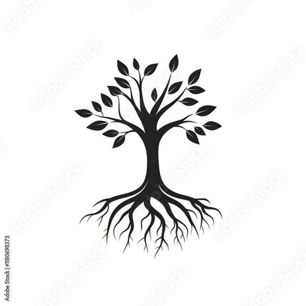 Fototapeta Black Silhouette of Tree with Branches, Leaves, and Roots on White Background