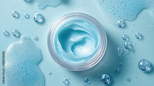 Obraz A jar of light blue cream sits amidst water bubbles on a pastel blue background. Perfect for skincare, beauty, or cosmetic product advertising.