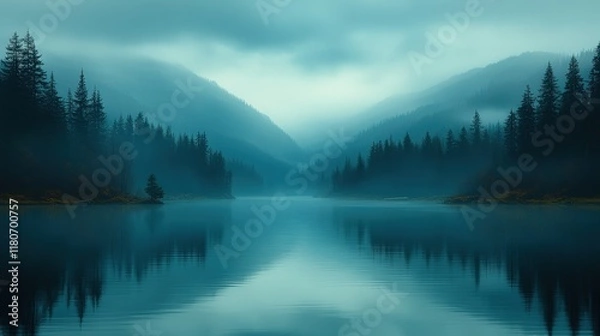 Fototapeta Serene lake mirroring misty mountains, tranquil forest.