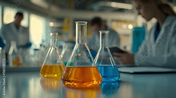 Fototapeta Three Erlenmeyer flasks with colorful liquids in a lab. Scientists blurred in background.