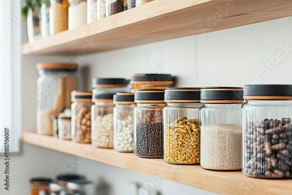 Fototapeta Modern kitchen shelf arrangement with supplementary storage solutions bright environment standard glass jars displayed inviting design