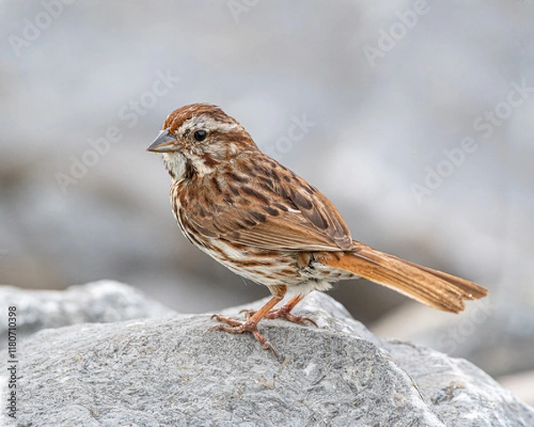 Fototapeta Close up portrait of a song sparrow standing on rocks