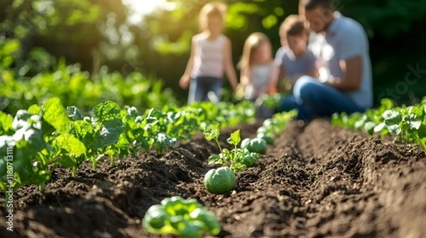 Fototapeta Freshly Planted Vegetable Garden Rows with Family Enjoying the Outdoor Landscape in the Background