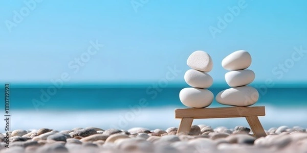Fototapeta Zen inspired arrangement of stacked stones on a tranquil beach creating a serene and calming display that evokes a sense of balance harmony and meditation  The image suggests a minimalist natural