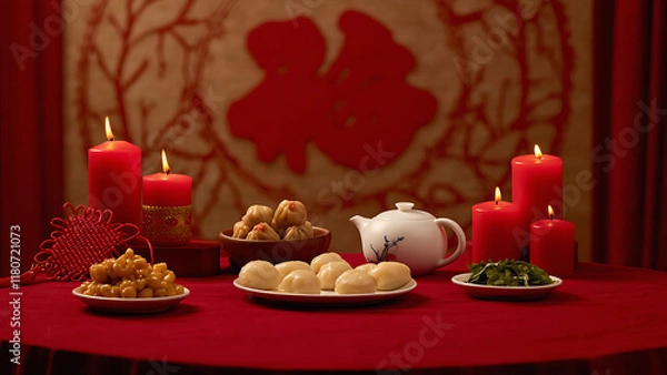 Fototapeta traditional reunion dinner setup featuring various dishes, tea, and candles, creating warm and festive atmosphere. red decor symbolizes good fortune and celebration