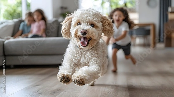 Fototapeta Adorable poodle dog running and playing excitedly as happy children chase after it in a cozy and lively living room setting  The energetic