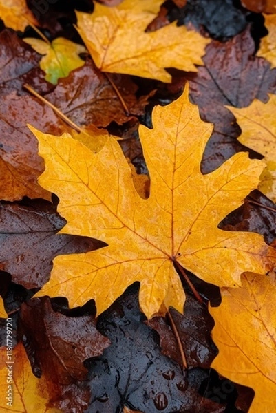 Obraz Autumn Maple Leaves on Wet Ground: A Colorful Fall Scene