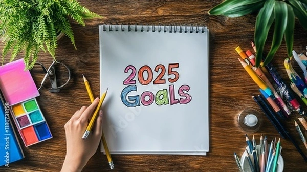 Fototapeta Creative Desk with 2025 Goals Written on a Blank Paper Surrounded by Art Supplies