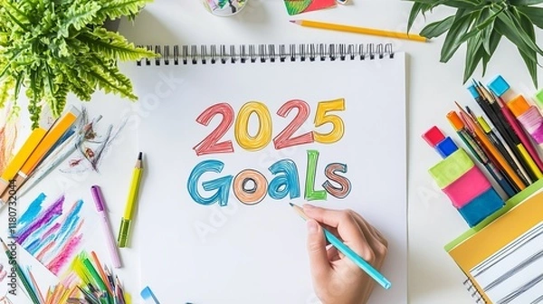 Fototapeta Creative Desk with 2025 Goals Written on a Blank Paper Surrounded by Art Supplies