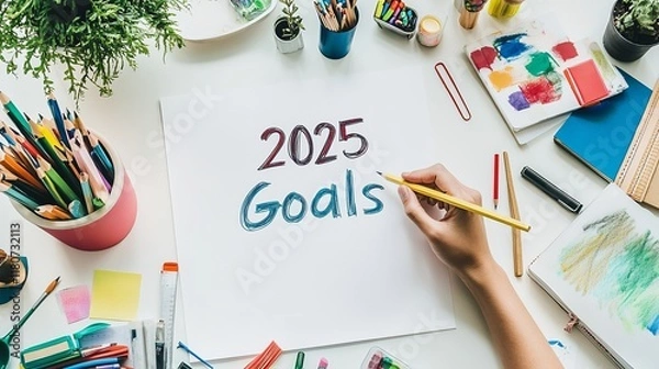 Fototapeta Creative Desk with 2025 Goals Written on a Blank Paper Surrounded by Art Supplies