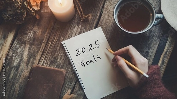 Fototapeta Creative Desk with 2025 Goals Written on a Blank Paper Surrounded by Art Supplies