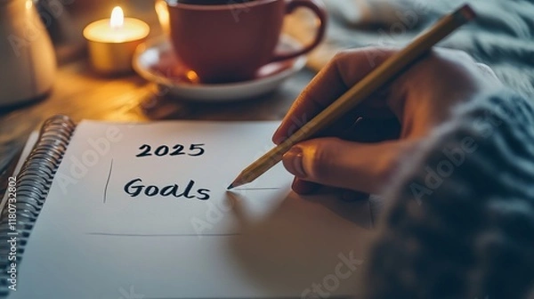 Fototapeta Creative Desk with 2025 Goals Written on a Blank Paper Surrounded by Art Supplies