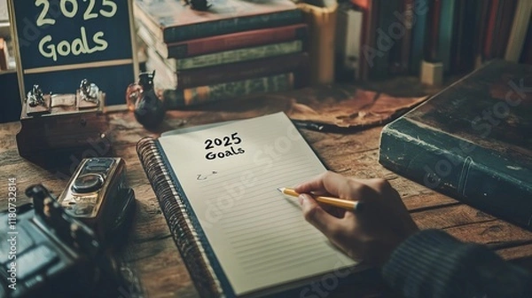Fototapeta Creative Desk with 2025 Goals Written on a Blank Paper Surrounded by Art Supplies
