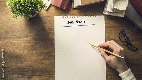 Fototapeta Creative Desk with 2025 Goals Written on a Blank Paper Surrounded by Art Supplies