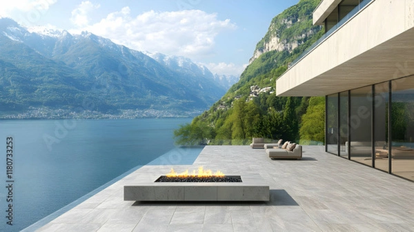 Fototapeta Modern Lakeside Home 3D Illustration: Mountain View
