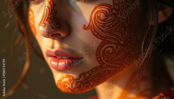 Fototapeta “Extreme Closeup of a Face with Henna Tattoos Spreading Across the Skin” – Elegant mehndi patterns drawn across the face, representing celebration and traditional South Asian artistry.
