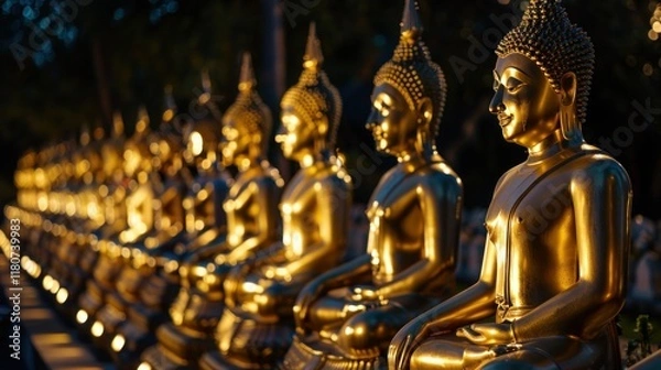 Fototapeta A large group of gold statues of Buddha are sitting in a row. Phuttha Utthayan Makha Bucha Anusorn (Buddhism Memorial Park), Nakhon Nayok, Thailand