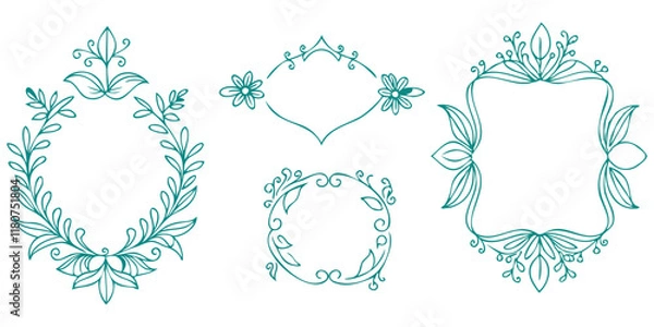 Fototapeta hand-drawn floral and leafy decorative frame set for vintage designs
