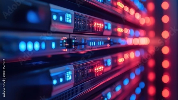 Obraz Close-up of modern server racks with glowing blue, red LEDs and network cables in a futuristic data center