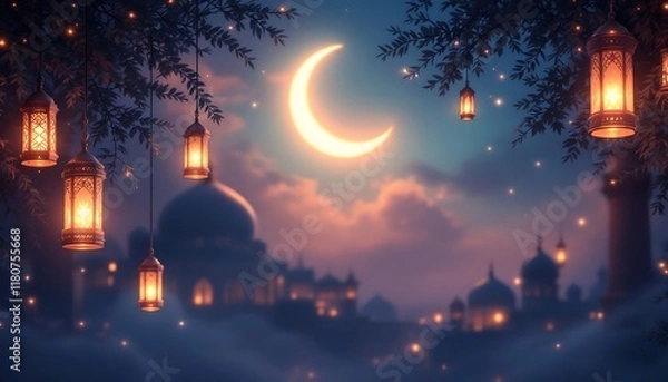 Fototapeta Ramadan Kareem: Magical Night Scene with Crescent Moon, Lanterns, and Mosque - Stock Image