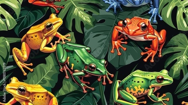 Obraz Rainforest frog seamless pattern wallpaper