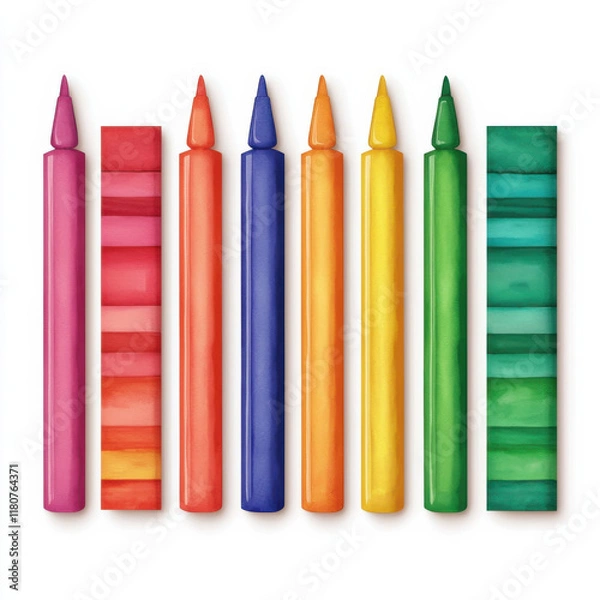 Fototapeta Colorful markers and sticky notes arranged in gradient pattern isolated design on white background